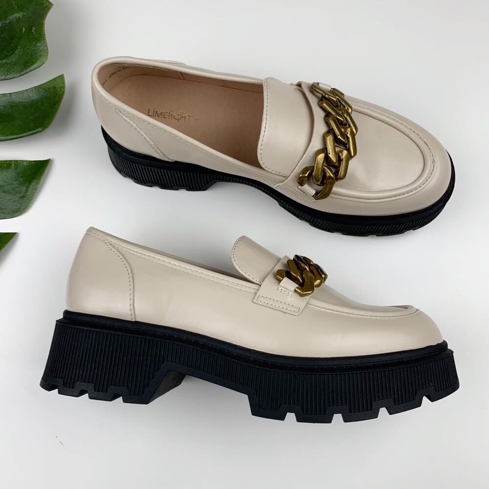 Limelight Kendall Chunky Platform Loafers Chain Cream Faux Leather Women's 8.5